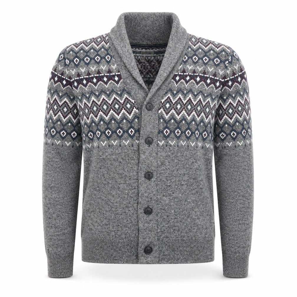 Le Château Men's Grey Fair Isle Cotton Shawl Cardigan Size L