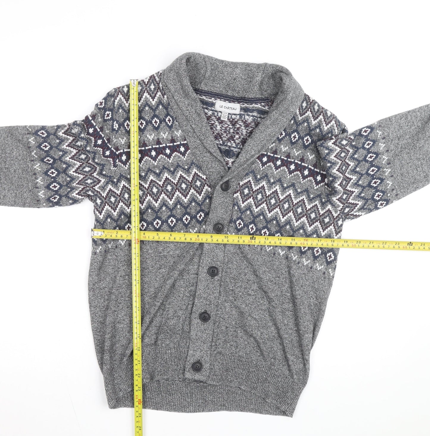 Le Château Men's Grey Fair Isle Cotton Shawl Cardigan Size L