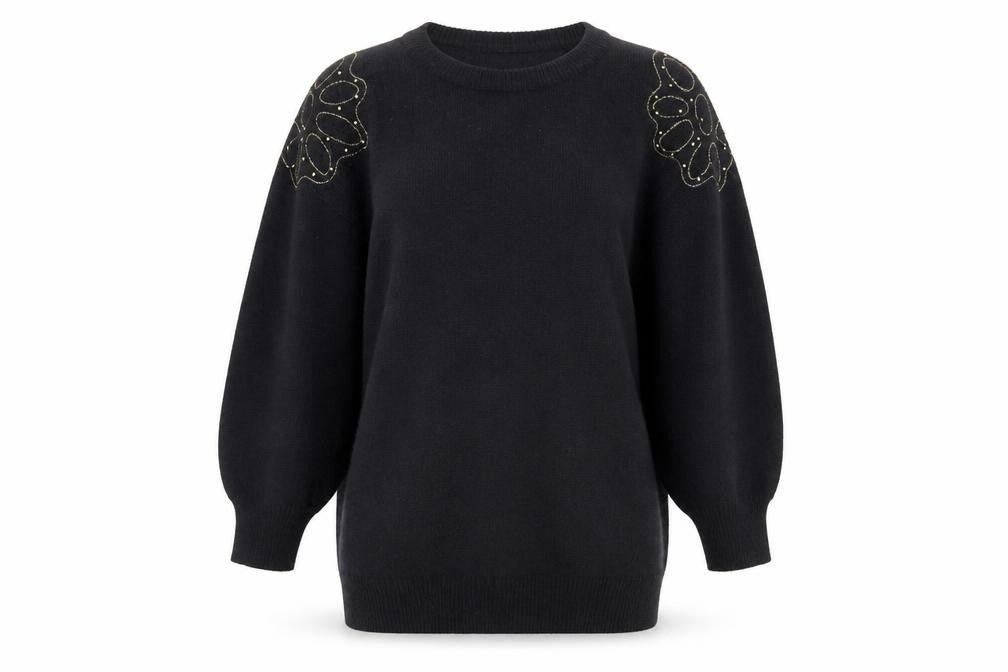 Au Courant Women's Black Beaded Wool Blend Vintage Jumper Size S