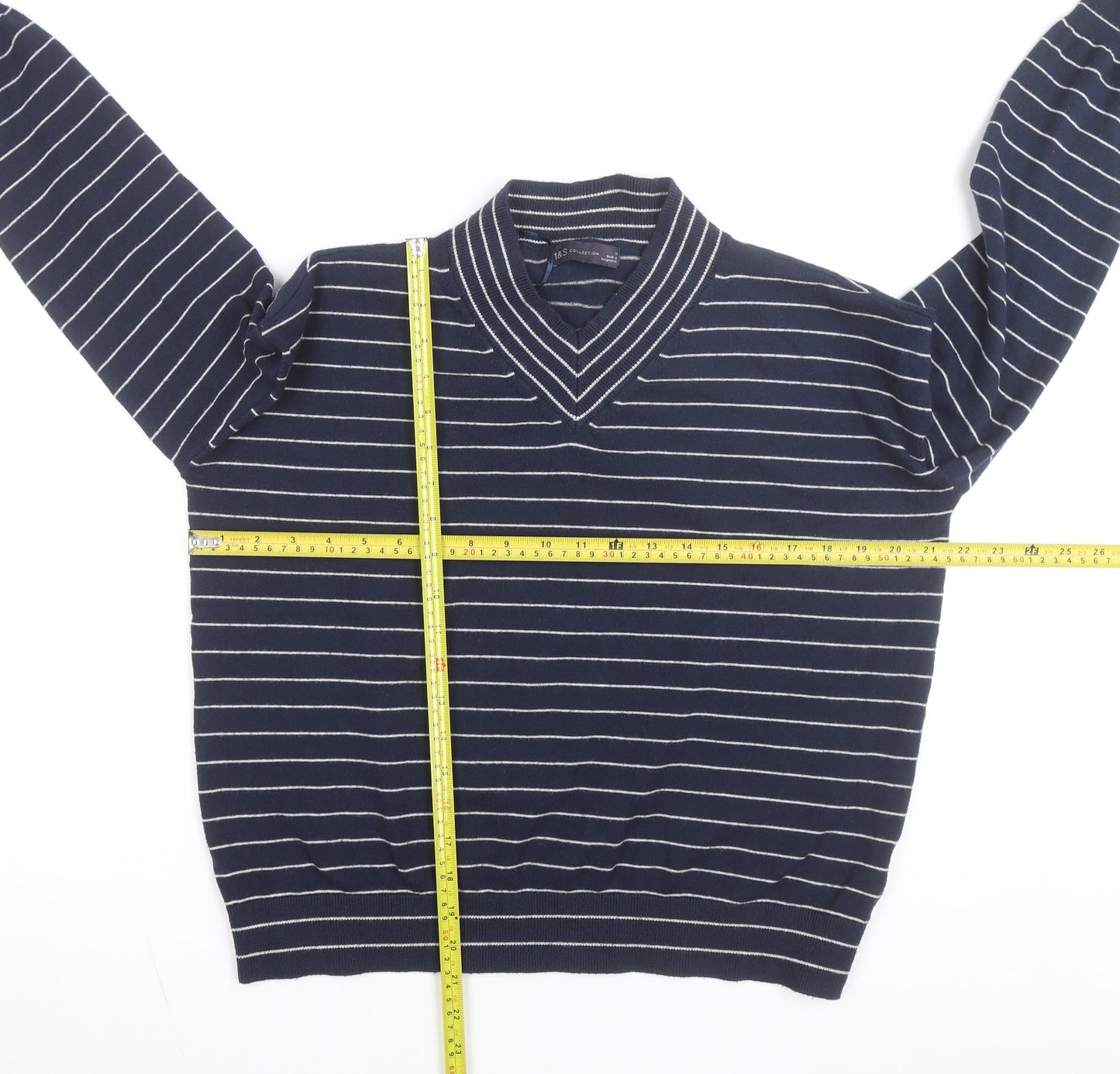 Marks and Spencer Men’s Blue Striped V-Neck Pullover Jumper M