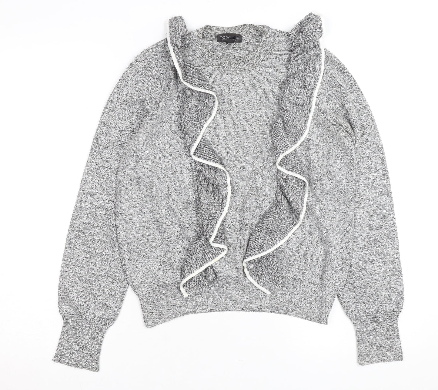 Topshop Women’s Grey Ruffle Knit Crew Neck Jumper Size 12