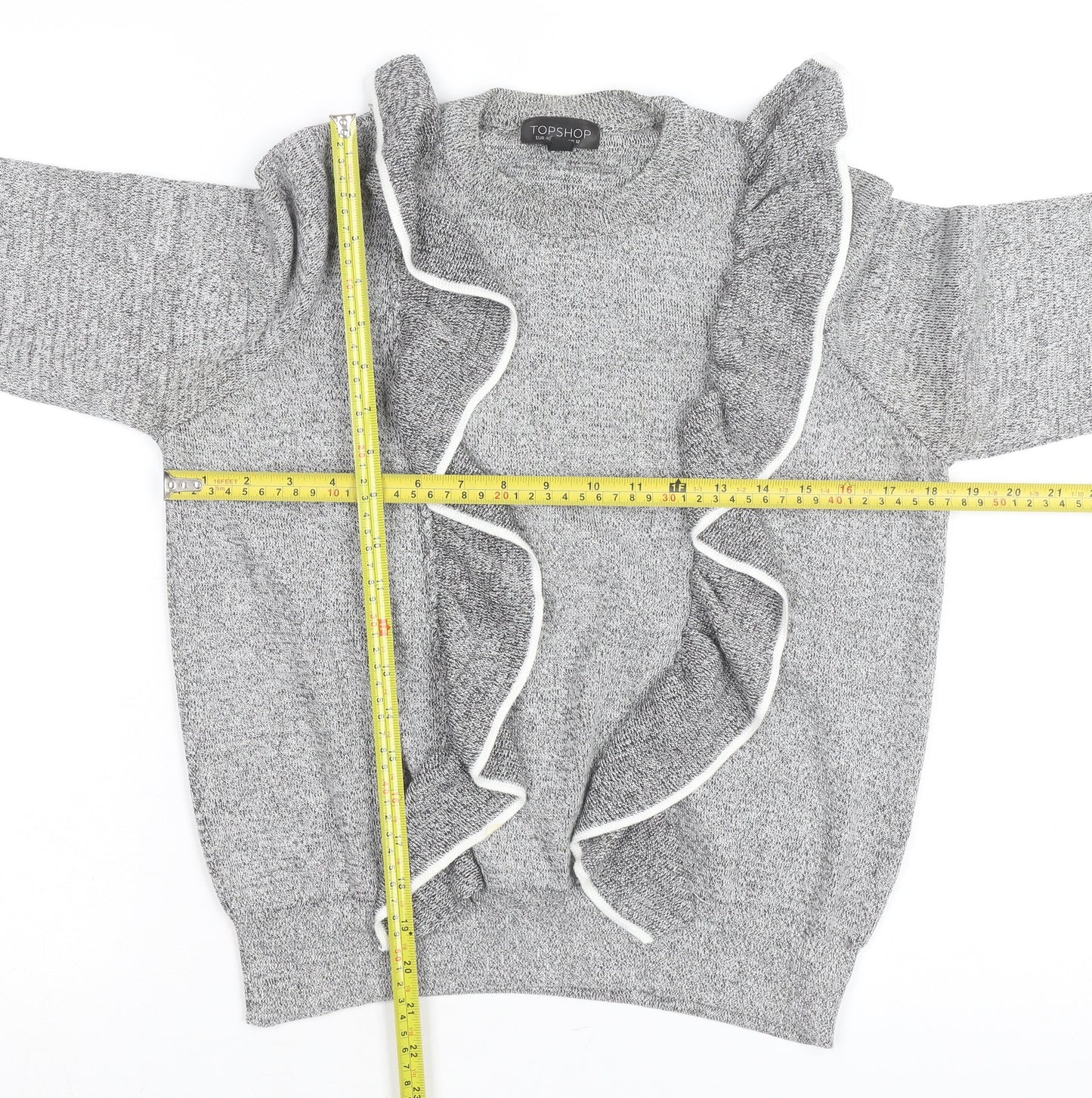 Topshop Women’s Grey Ruffle Knit Crew Neck Jumper Size 12