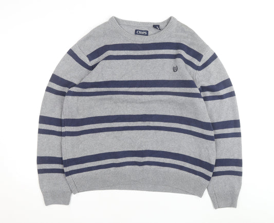Chaps Men's Grey Striped Cotton Crew Neck Pullover Jumper XL