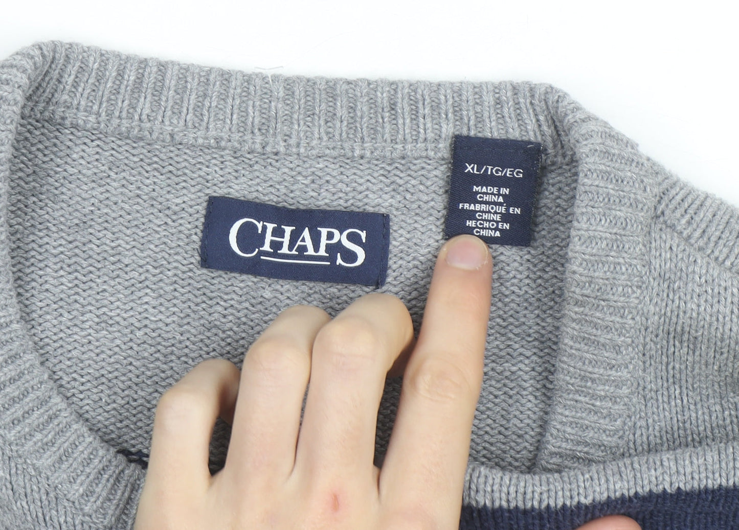 Chaps Men's Grey Striped Cotton Crew Neck Pullover Jumper XL