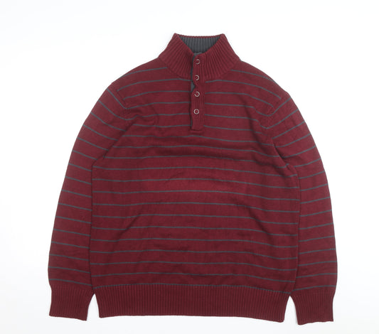 Denver Hayes Men's Red Striped Henley Jumper L Cotton Blend