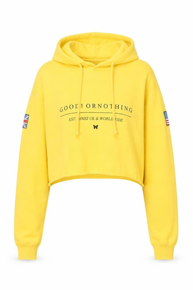 Good For Nothing Women's Yellow Cropped Hoodie Size M Drawstring Hooded Sweatshirt