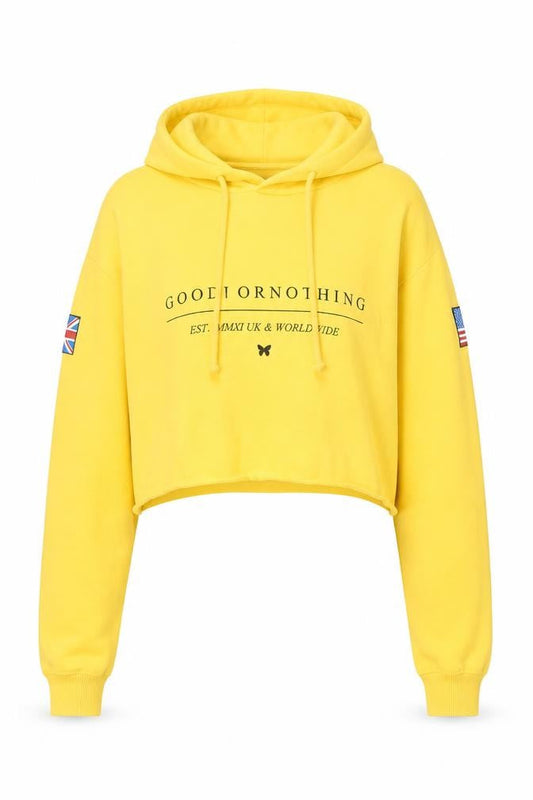 Good For Nothing Women's Yellow Cropped Hoodie Size M Drawstring Hooded Sweatshirt