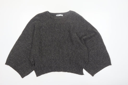 Zara Women Grey Wool Blend Relaxed Chunky-Knit Jumper Size 12