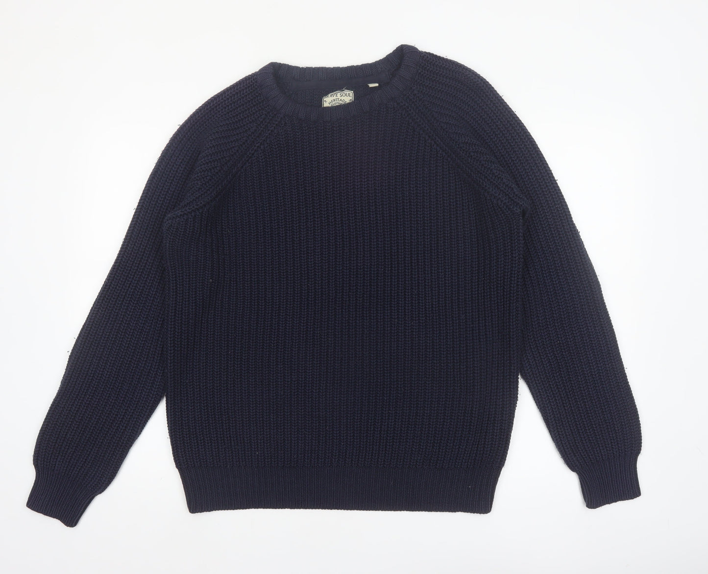 Brave Soul Men's Blue Chunky Knit Crew Neck Jumper Size L