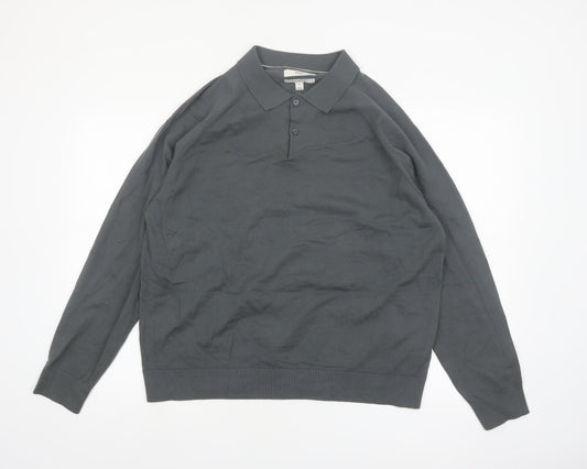 Marks and Spencer Men's Grey XL Collared Cotton Henley Jumper