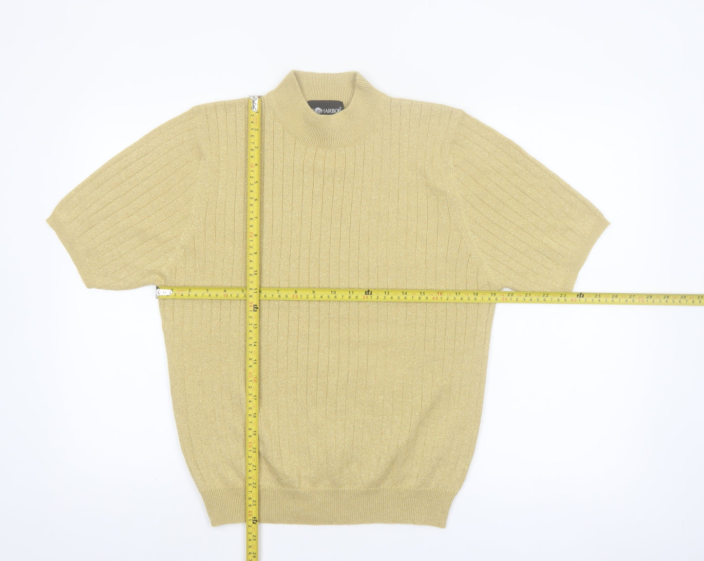 Sag Harbor Women Gold Mock Neck Short Sleeve Ribbed Knit Jumper Size L