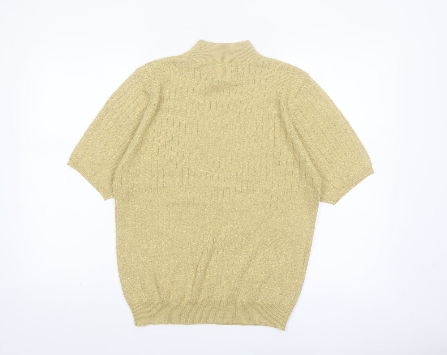 Sag Harbor Women Gold Mock Neck Short Sleeve Ribbed Knit Jumper Size L