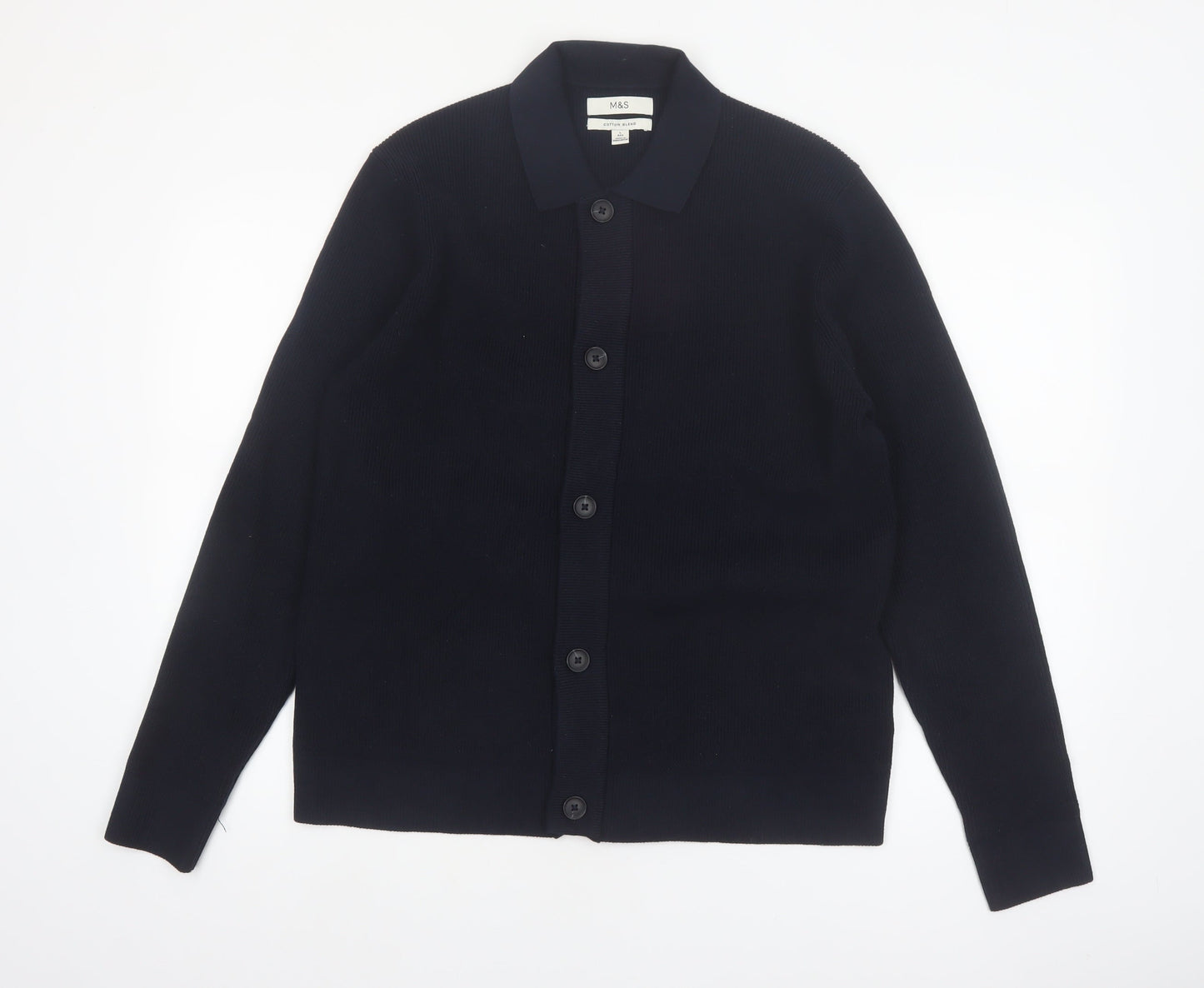 Marks and Spencer Men's Black Cotton Blend Collared Cardigan L