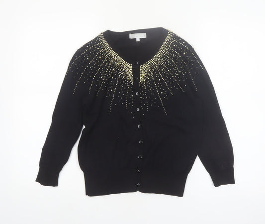 Red Herring Women's Black Beaded Crew Neck Cotton Cardigan Size 14