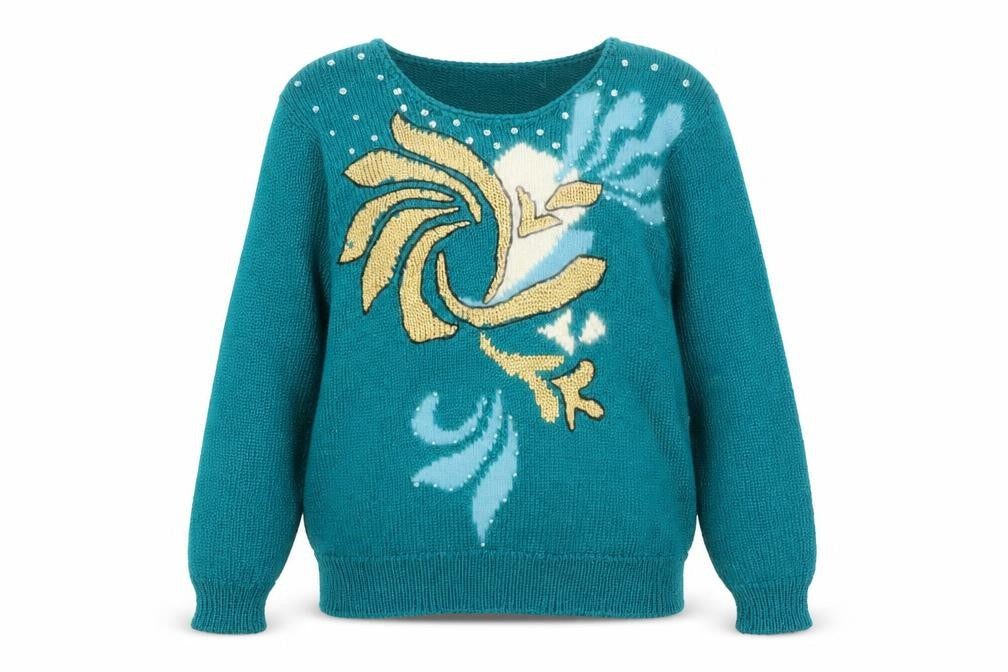Franco Valeri Womens Green Beaded Floral Angora Blend Jumper S