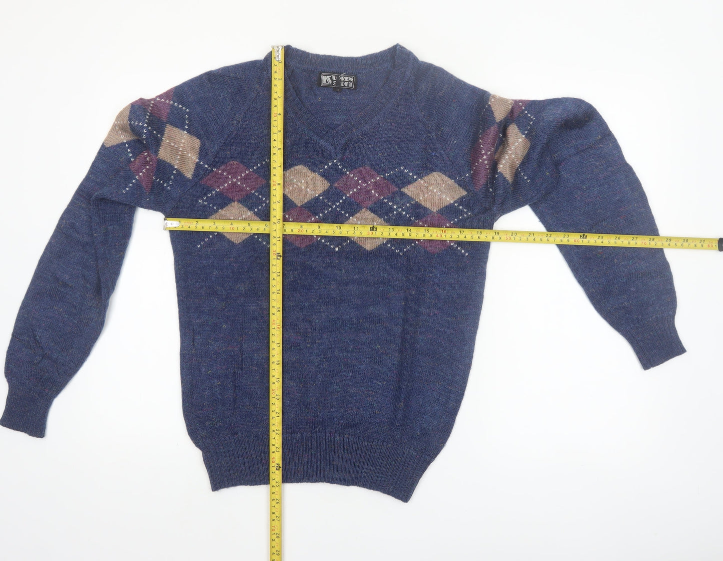 Lorien Scott Men's Blue Argyle V-Neck Mohair Blend Jumper M