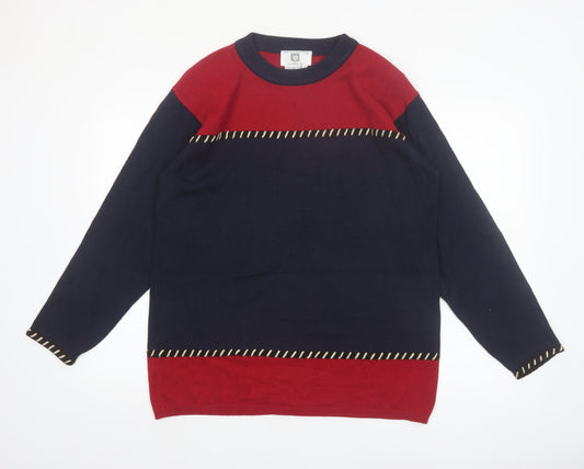 Anne Klein Women Navy Red Crew Neck Cotton Jumper L Classic Knit