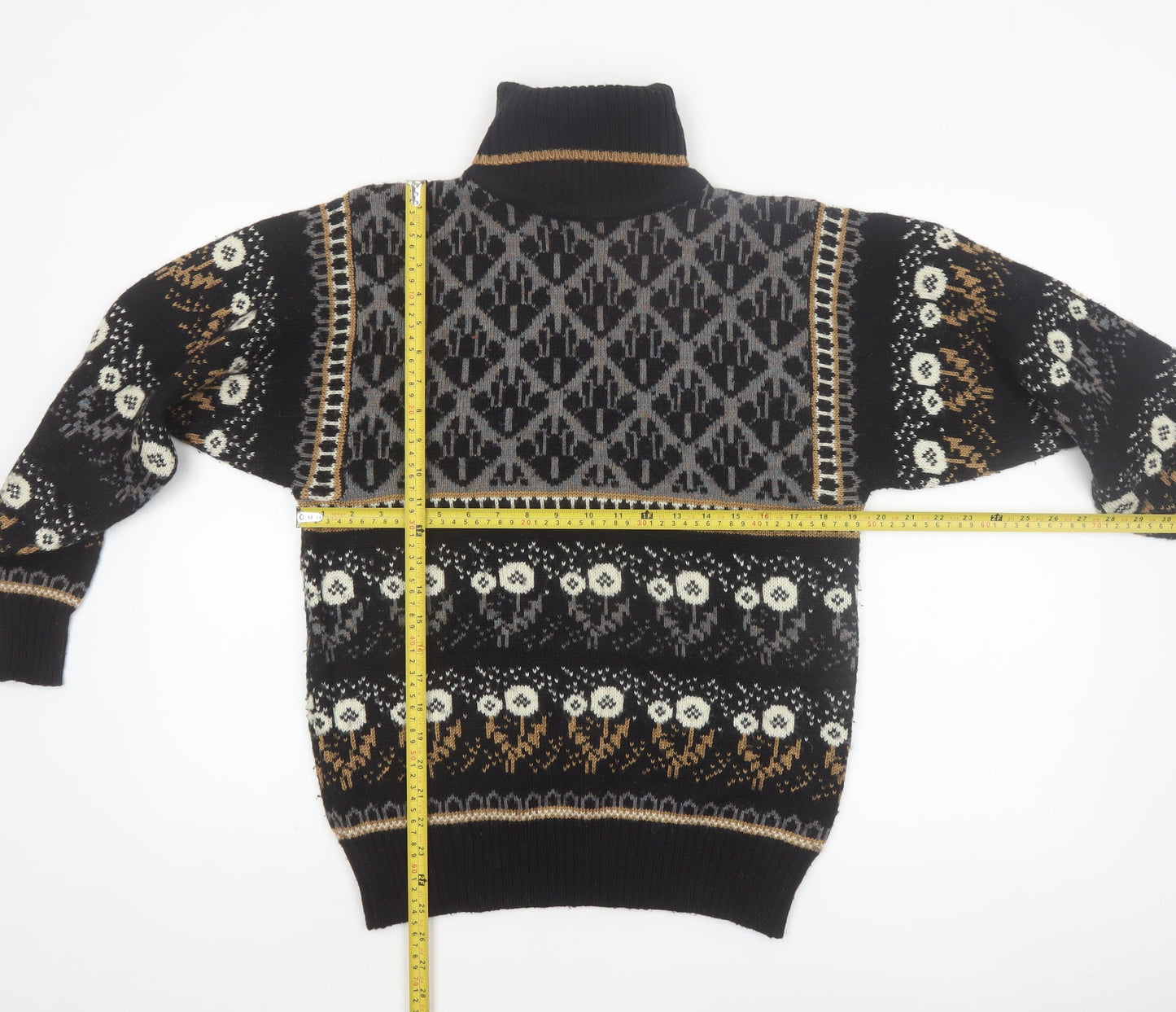 Jason Maxwell Men’s Black Fair Isle Roll Neck Wool Blend Jumper M