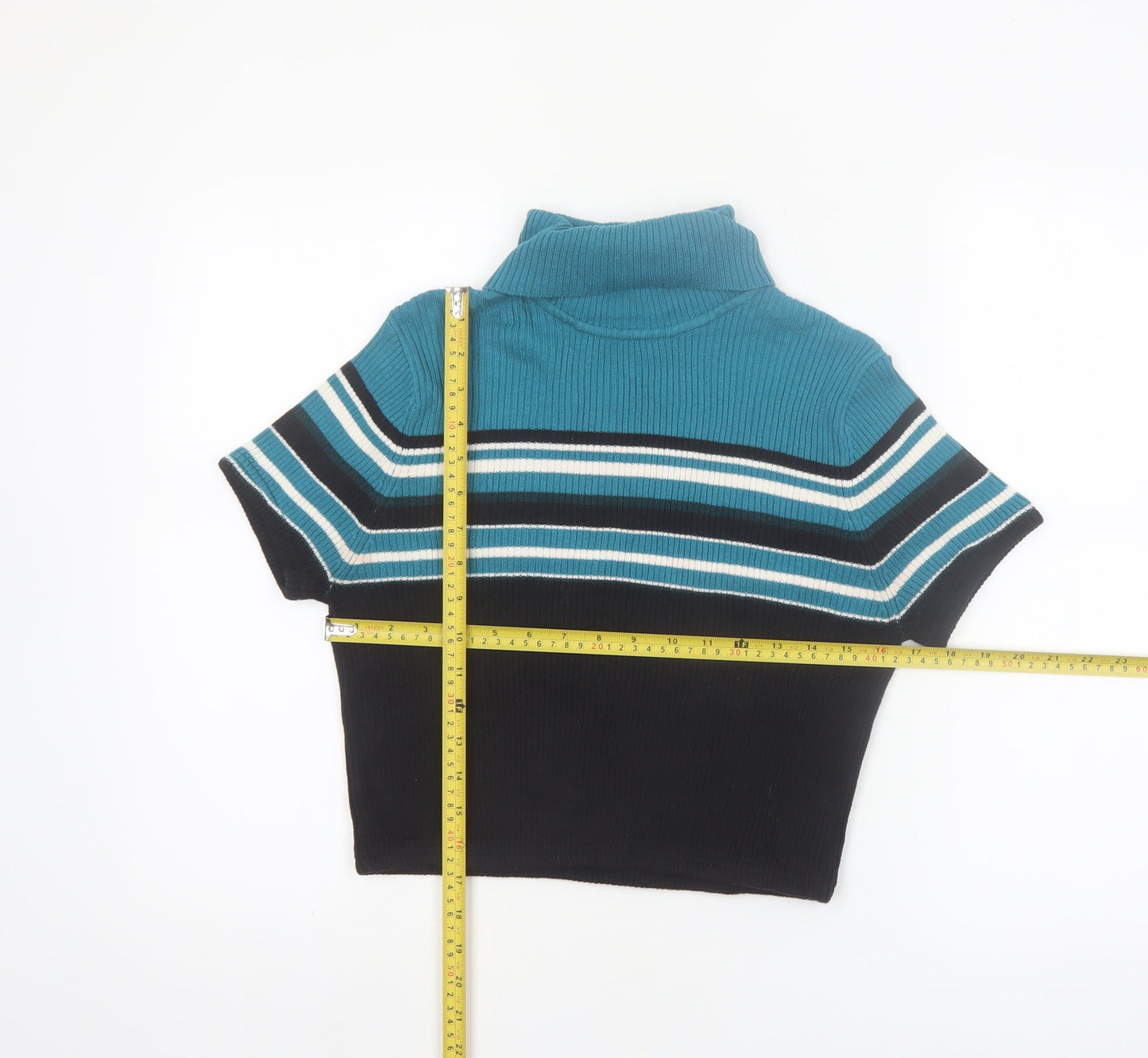 Carroll Reed Womens Blue Roll Neck Striped Short Sleeve Pullover Jumper L