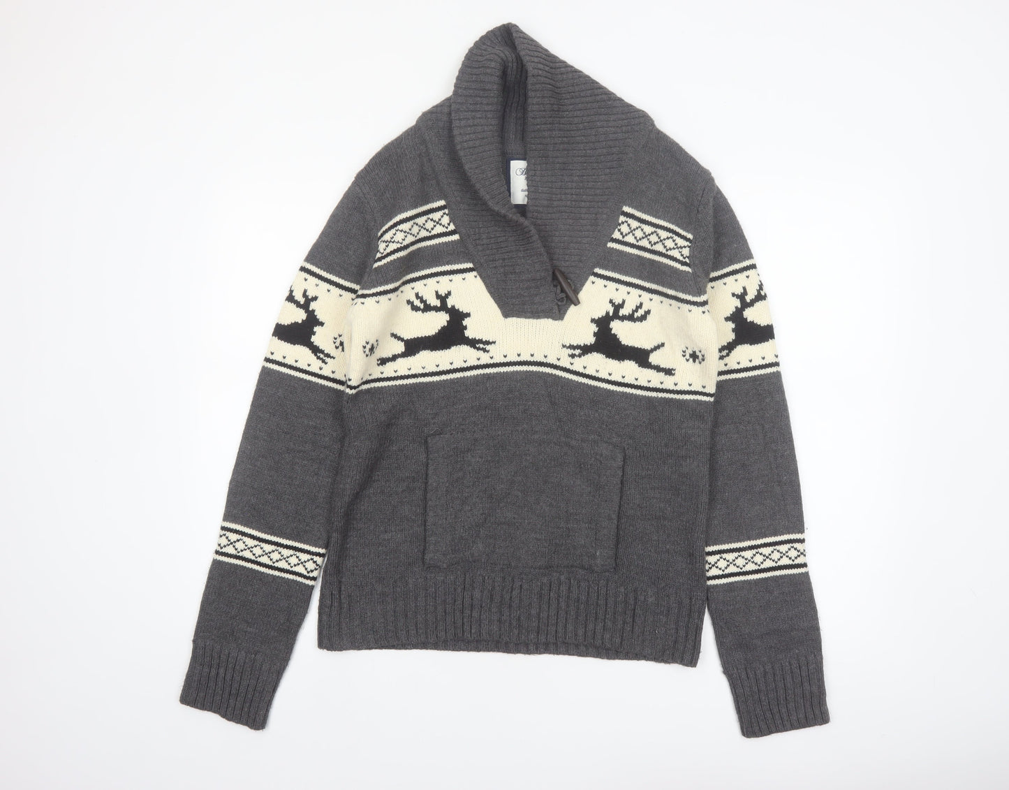 Bluenotes Men Grey Fair Isle Reindeer Shawl Neck Jumper XL