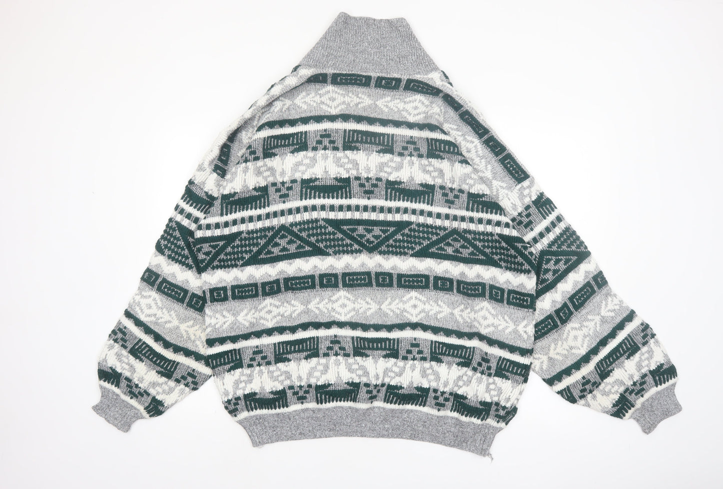 C&A Men’s Grey Geometric Knit Shawl Pullover Jumper XL Vintage