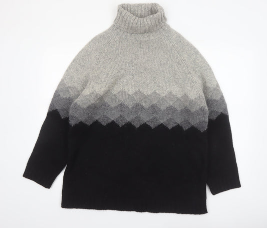 SKYR Men's Grey Roll Neck Wool Blend Geometric Chunky Knit Jumper M