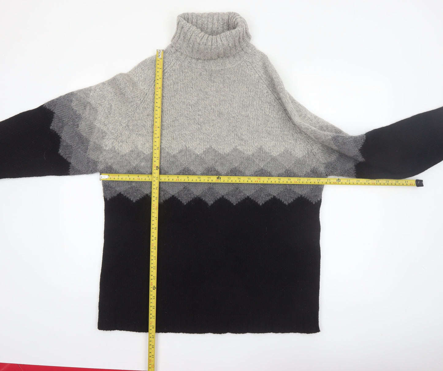 SKYR Men's Grey Roll Neck Wool Blend Geometric Chunky Knit Jumper M