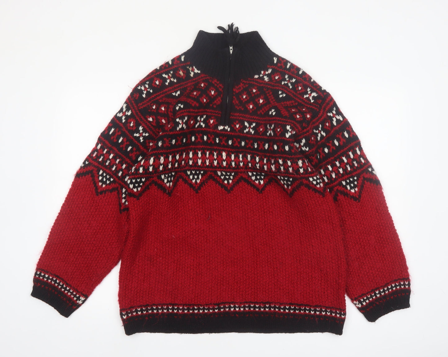 Jones New York Women Red Fair Isle Wool Blend 1/4 Zip Petite Jumper M