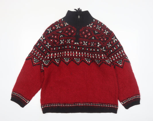 Jones New York Women Red Fair Isle Wool Blend 1/4 Zip Petite Jumper M