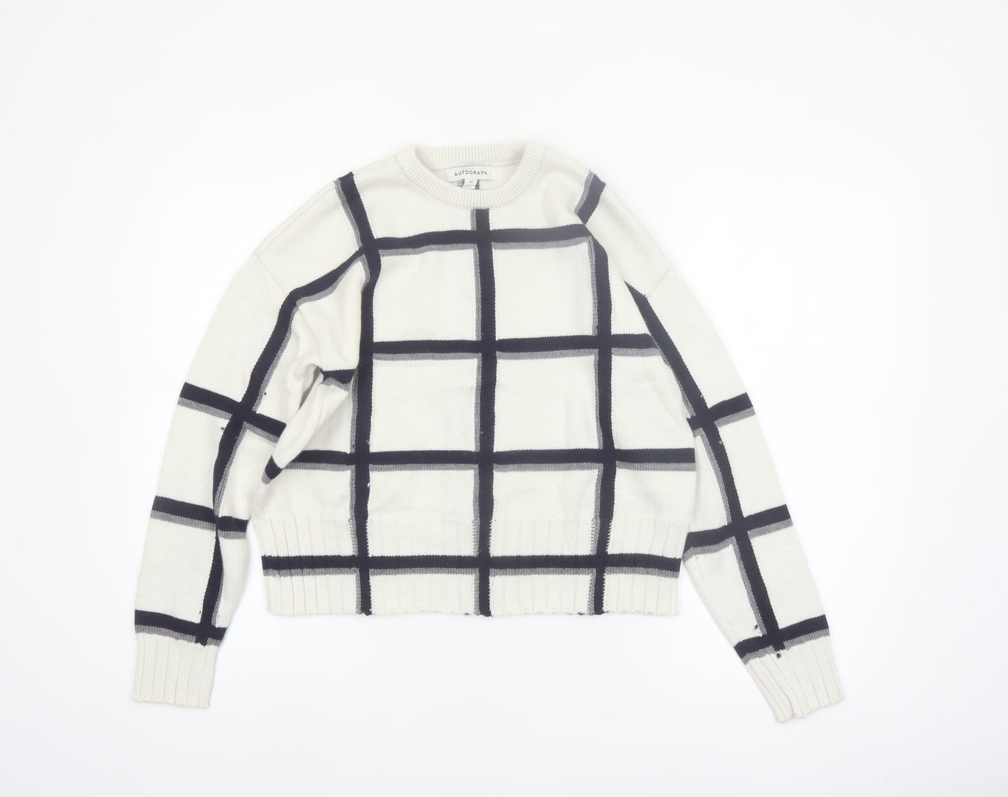 Marks and Spencer Women Ivory Check Merino Wool Jumper M