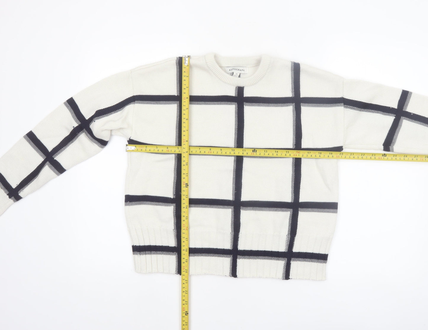 Marks and Spencer Women Ivory Check Merino Wool Jumper M