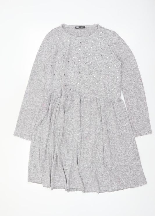 Zara Women Grey Long Sleeve Skater Dress Size M - Beaded Knit