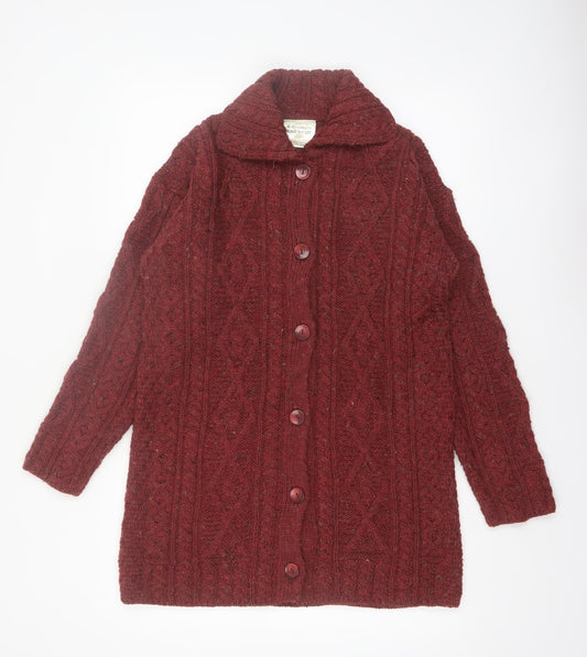 Kilronan Knitwear Women's Red Wool Cable Knit Collared Cardigan S