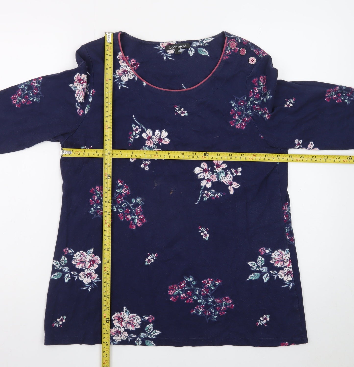 Bonmarché Women's Blue Floral Cotton 3/4 Sleeve T-Shirt Size 16