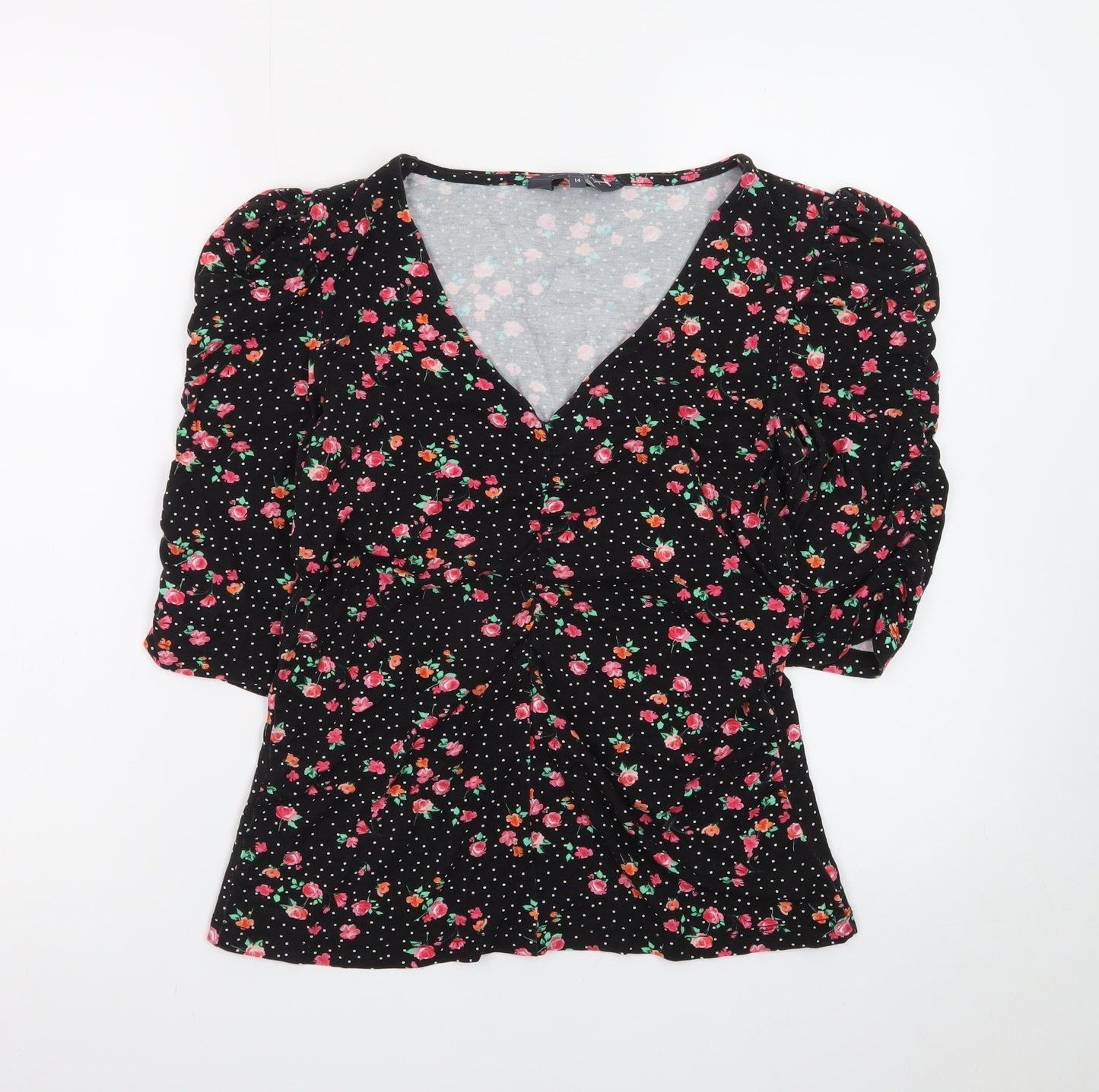 Sosandar Women’s Black Floral Wrap Blouse Size 14 Viscose 3/4 Sleeve