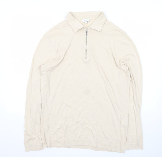 Reiss Men's Beige Long Sleeve 1/2 Zip Collared Cotton T-Shirt Size M