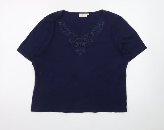 CC Women's Blue Embroidered V-Neck Short Sleeve Cotton T-Shirt XL