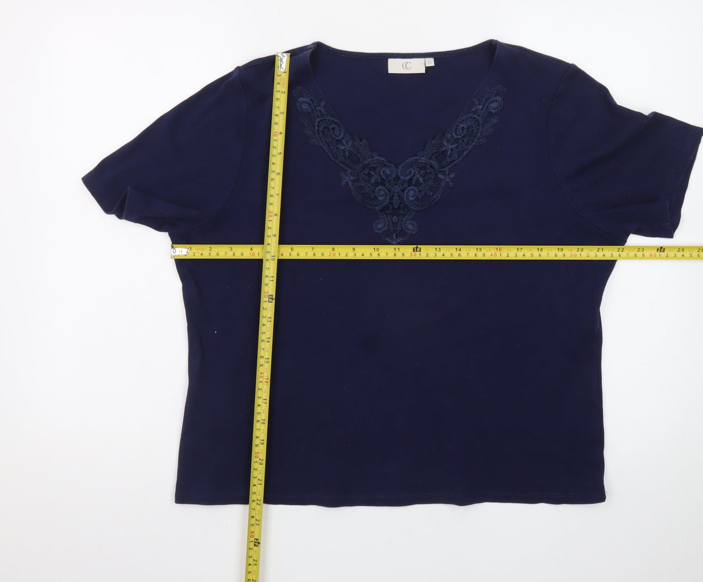 CC Women's Blue Embroidered V-Neck Short Sleeve Cotton T-Shirt XL