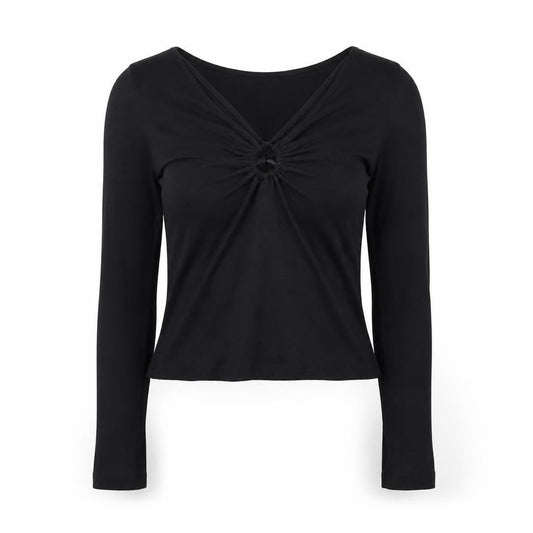 Commense Women’s Black XS Cropped Long Sleeve V-Neck Top