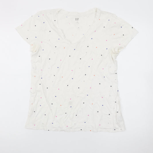 GAP Women's White Star Print V-Neck Cotton T-Shirt Size M