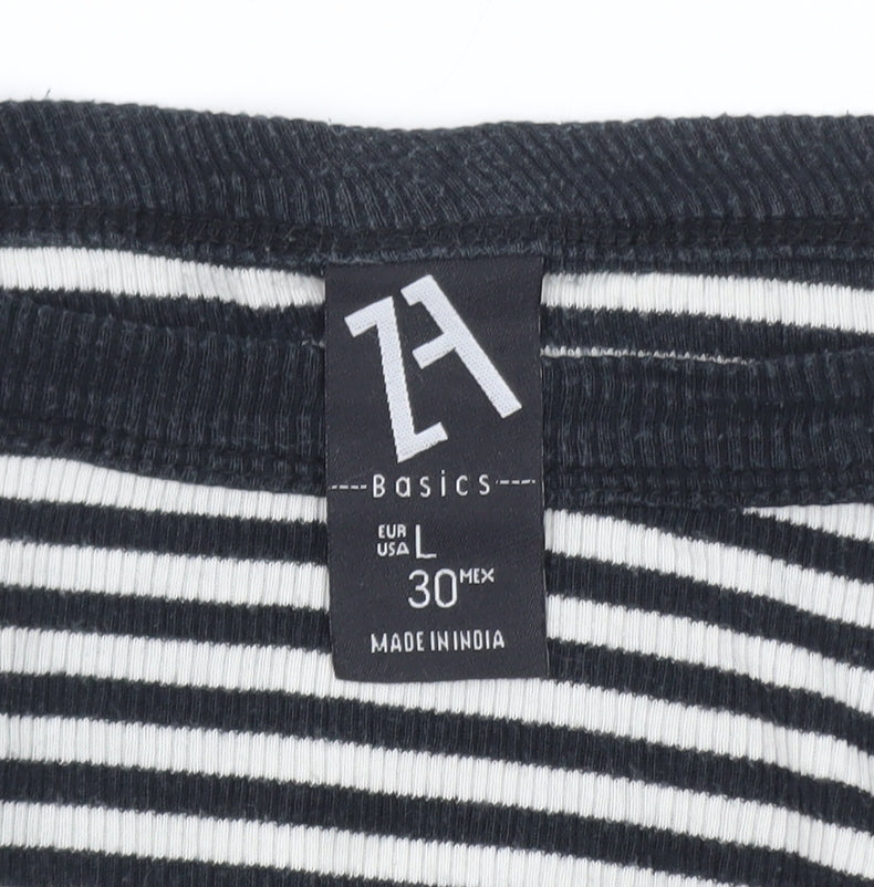 Zara Women Black White Striped Long Sleeve Basic T-Shirt L