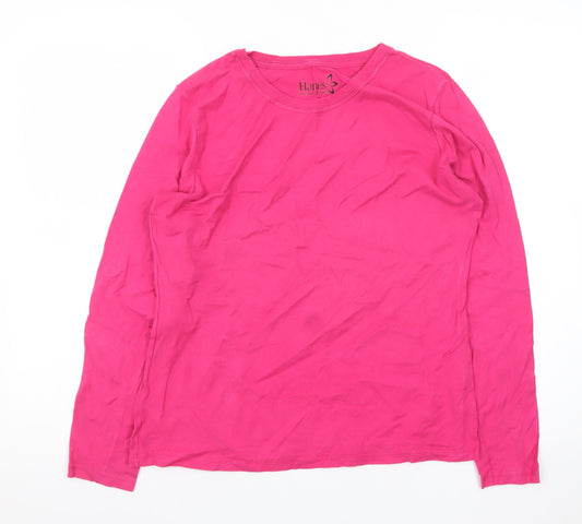 Hanes Women's Pink Long Sleeve Cotton Crew Neck T-Shirt M
