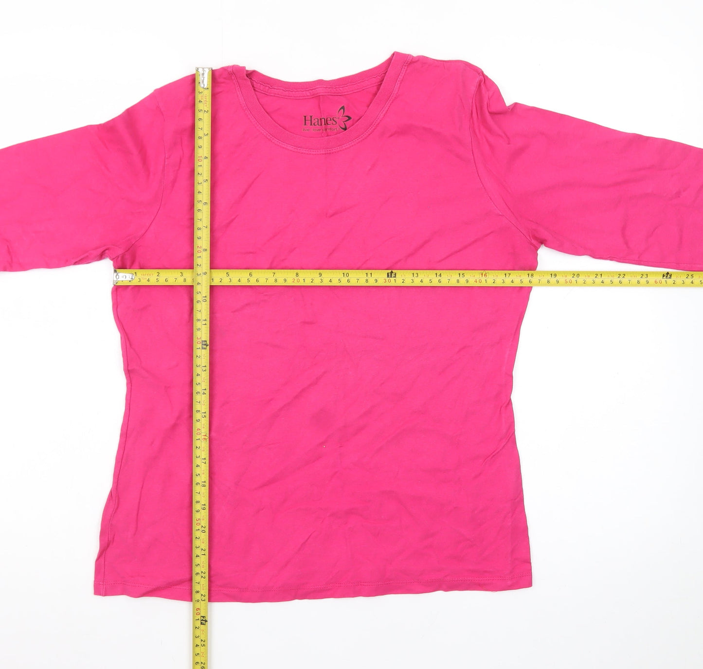 Hanes Women's Pink Long Sleeve Cotton Crew Neck T-Shirt M