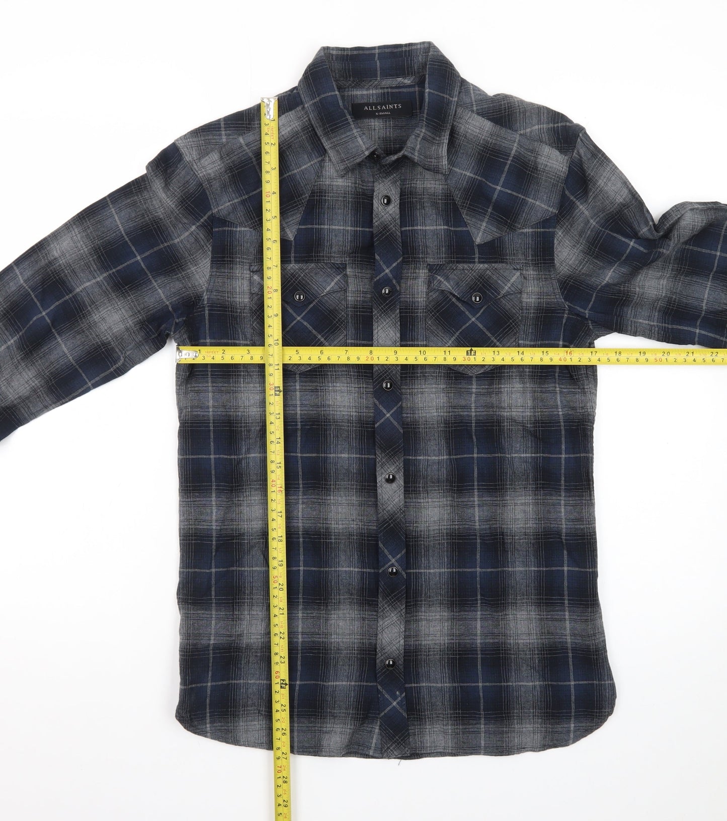 AllSaints Men's Blue Plaid Flannel Button-Up Shirt XS Slim Fit