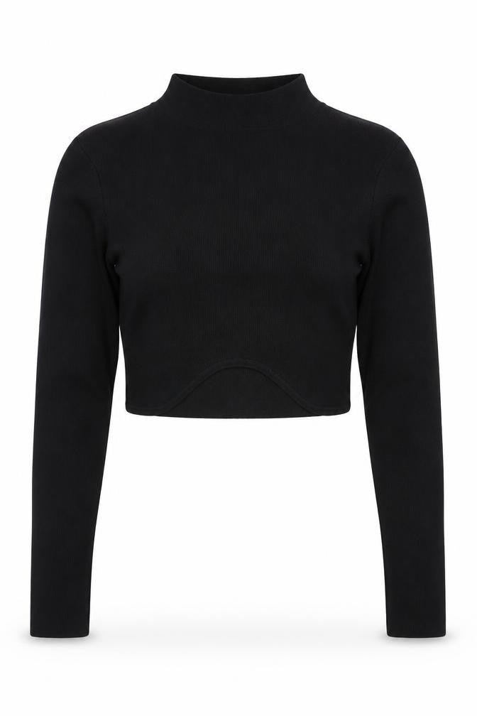 PAPERMOON Women's Black Mock Neck Cropped Long Sleeve Top Size M