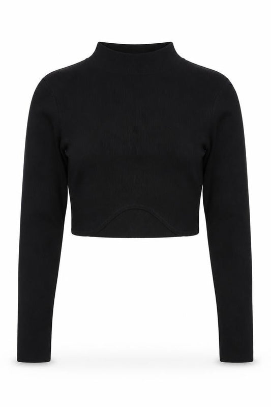 PAPERMOON Women's Black Mock Neck Cropped Long Sleeve Top Size M