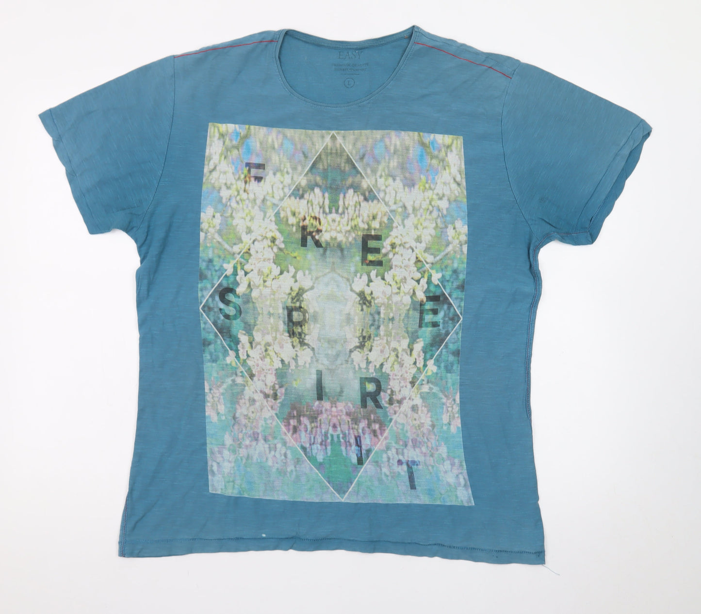 EASY Mens Blue Graphic Print Crew Neck Cotton T-Shirt L