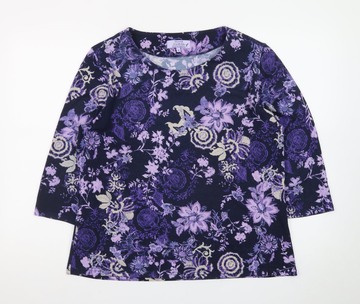 Honor Millburn Women's Purple Floral 3/4 Sleeve Cotton Jersey Top Size 18