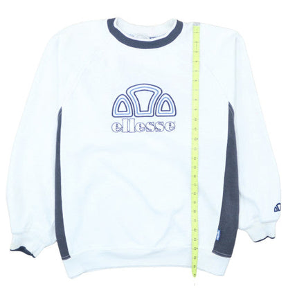 Close-up detail of Ellesse men’s white logo pullover sweatshirt, size L