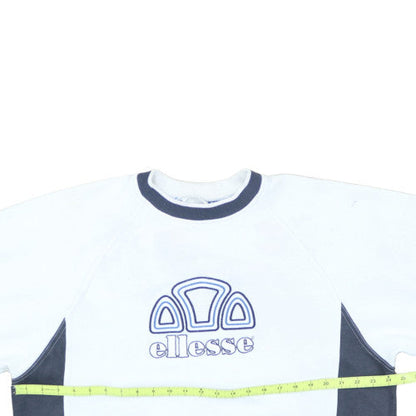 Brand and care label for Ellesse men’s white logo pullover sweatshirt, size L